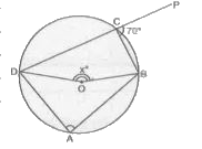 दिये गये चित्र में ABCD एक चक्रीय चतुर्भुज है। यदि anglePCB = 70^(@)  तो angleBOD का मान बताइए।