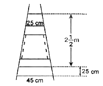 एक सीढ़ी के क्रमागत डंडे परस्पर 25 सेमी की दुरी पर हैं। डंडों की लम्बाई एक समान रूप से घटती जाती है तथा सबसे निचले डंडे की लम्बाई 45 सेमी है और सबसे ऊपर वाले डंडे की लम्बाई 2 सेमी है। यदि ऊपरी और निचले डंडे के बीच की दुरी 2.5 मी है, तो डंडों को बनाने के लिए कितनी लम्बाई की लकड़ी लेना आवश्यक होगा ?