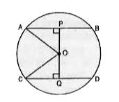 आकृति में, वृत्त का केन्द्र O एवं त्रिज्या 5 सेमी है। यदि OP bot AB, OQ bot CD, AB || CD, AB = 8 सेमी और CD = 6 सेमी हों, तो PQ ज्ञात कीजिए।