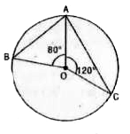 आकृति में, चाप AB और चाप AC द्वारा केंद्र O पर अन्तरित कोण क्रमशः 80^(@) और 120^(@) है। angle BAC और angle BOC ज्ञात कीजिए।
