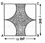 दी गई आकृति में ABCD एक आयत है। भुजा AB = 10 सेमी तथाp BC =7 सेमी है। आयत के प्रत्येक शीर्ष पर 3.5 सेमी त्रिज्या के वृत्त खींचे गए हैं। छायांकित भाग का क्षेत्रफल ज्ञात कीजिए| (pi = 22/7)