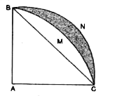 दी गई आकति BE में ABMC त्रिज्या 14 सेमी वाले एक वृत्त का चतुर्थाश है तथा BC को व्यास मानकर एक अर्धवृत्त खींचा गया है। छायांकित भाग का क्षेत्रफल ज्ञात कीजिए।