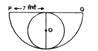 दी गई आकृति में अर्धवृत्त की त्रिज्या 7 सेमी है। अर्धवृत्त में बने वृत्त का क्षेत्रफल ज्ञात कीजिए।