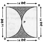 दी गई आकृति में छायांकित भाग का क्षेत्रफल ज्ञात कीजिए। यदि ABCDA भुजा 14 सेमी का एक वर्ग है तथा APD और | BPC दो अर्द्धवृत्त हैं।