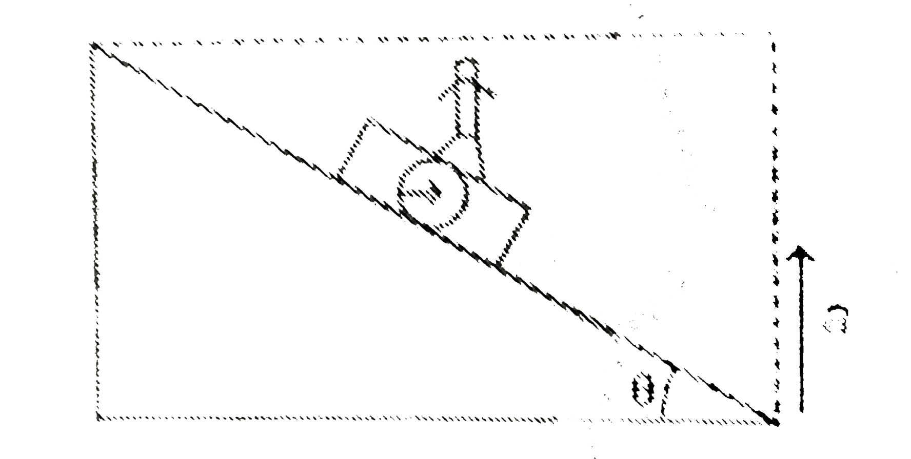 A man of mass m=60kg is standing on weighing machine fixed on a triangular wedge of angle theta=60^(@) as shown in the figure. The wedge is moving up with an upward acceleration alpha=2m//s^(2). The weight regiatered by machine is