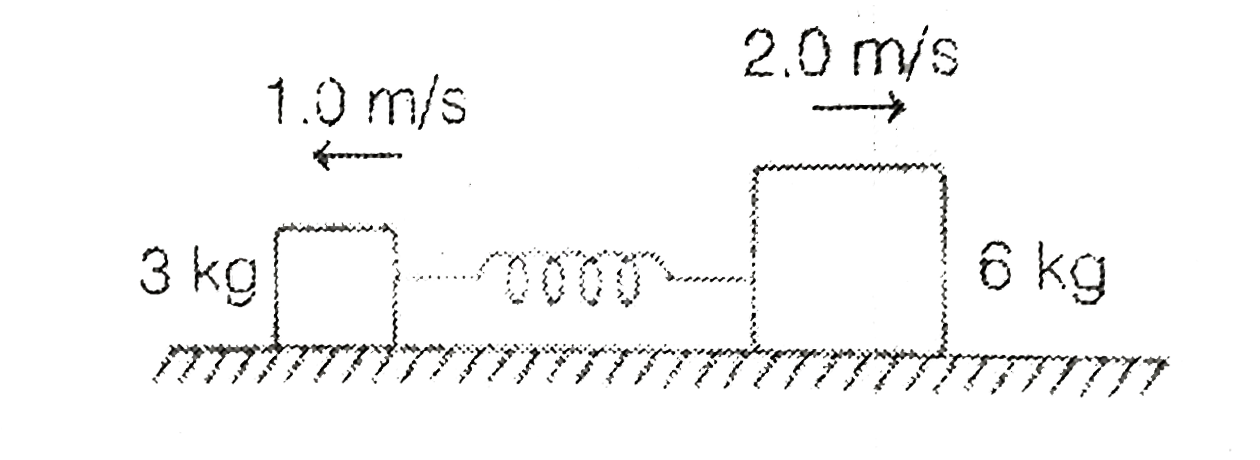 Two blocks of mass 3 kg and 6 kg respectively are placed on a smooth horizontal surface . They are connected by a light spring of force constant k = 200 N/m . Initially the spring is unstretched . The indicated velocities are imparted to the blocks . The maximum extension of the spring will be