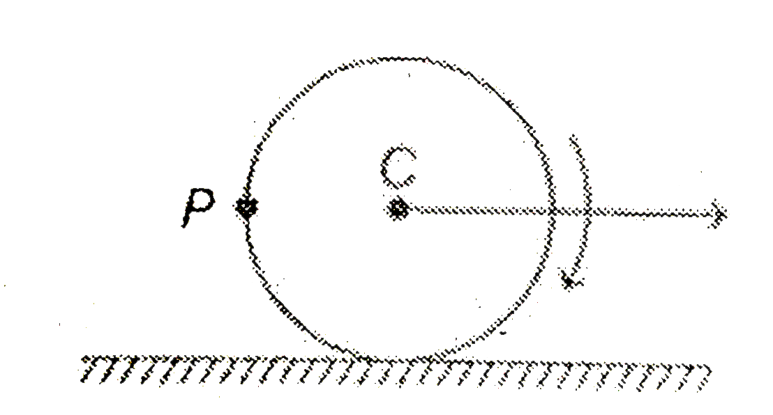 A disc of radius R is rolling purely on a flat horizontal surface, with constant angular velocity. The angel between the velocity and acceleration vectors of point P is