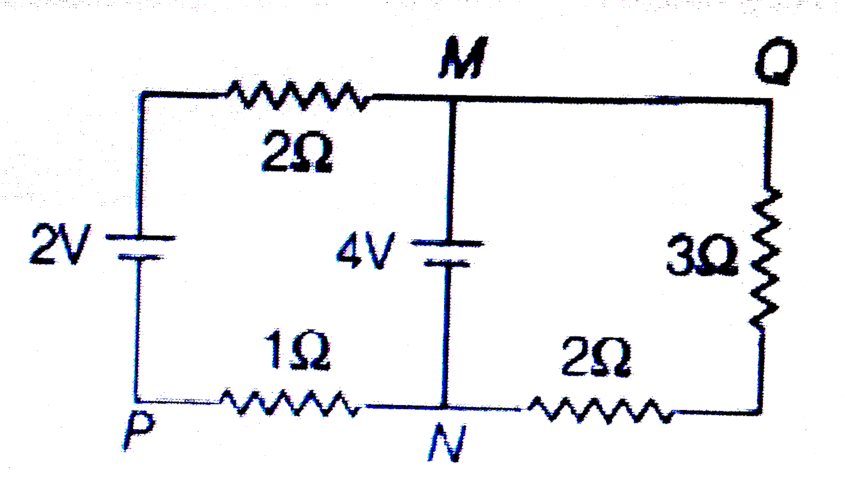 In the circuit shown, what is the potential difference V(PQ)?