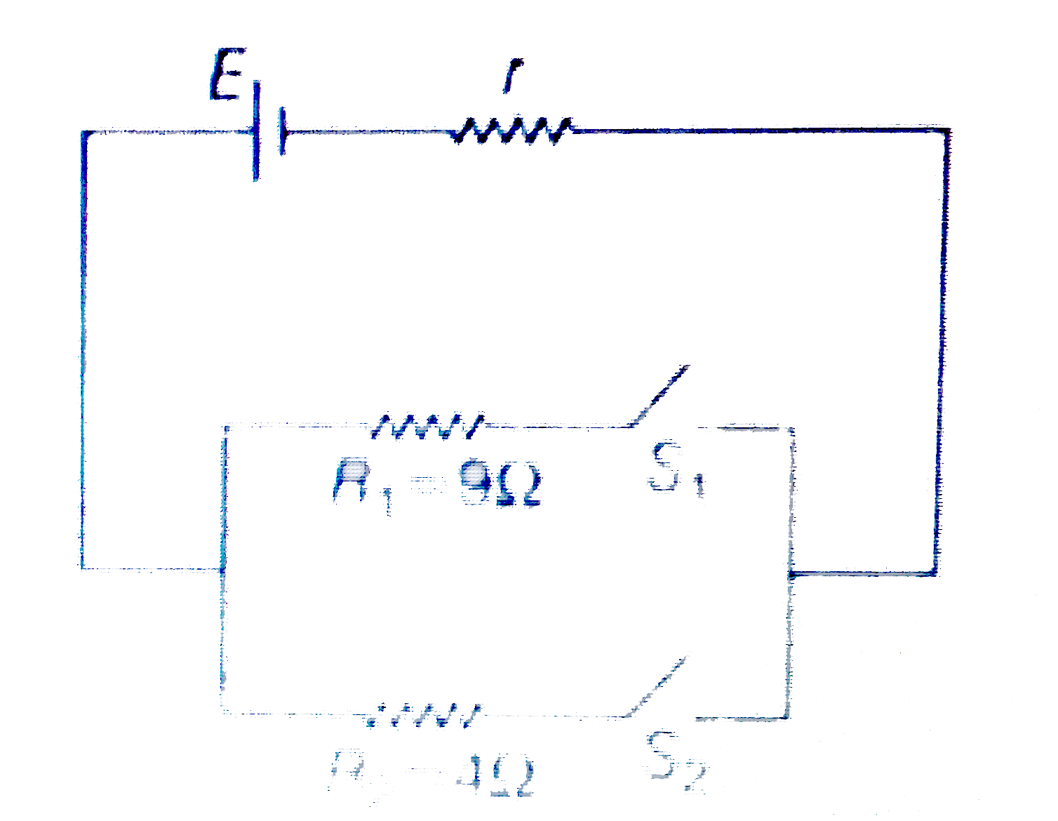 In the given circuit the power dissipated through resistance R(1) = 9 Omega is P(1), when switch S(1) is closed and S(2) is opened and the power dissipated through resistance R(2) = 4 Omega is P(2), when switch S(2) is closed and S(1) is opened. If P(1) = P(2), then r is equl to :