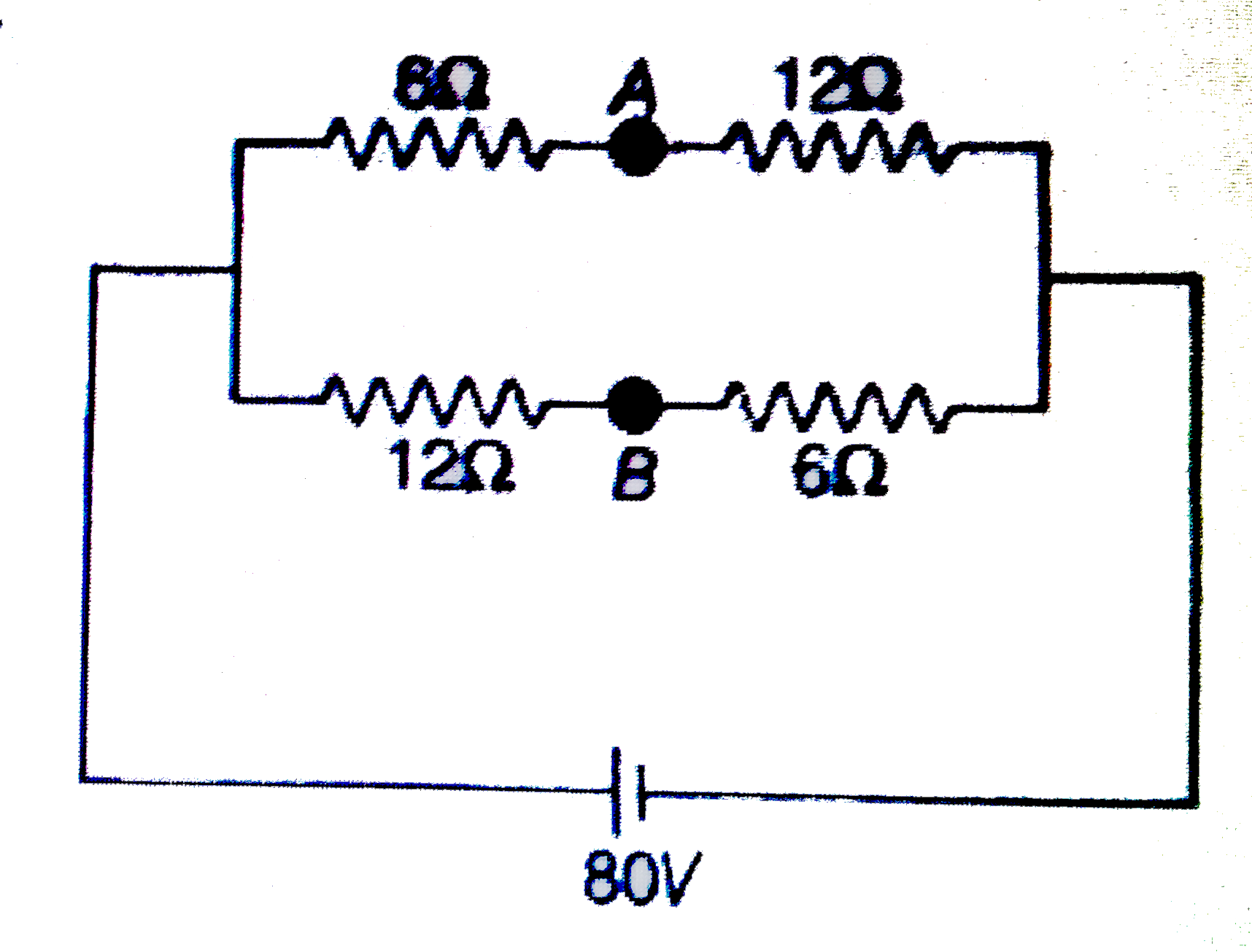 In the circuit shown, if a wire is connected between points A and B. How much current will flow through that wire?