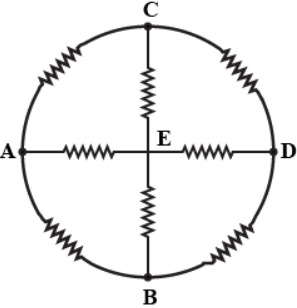 Eight resistances each of resistance 5 Omega are connected in the circuit as shown in figure. The equivalent resistance between A and B is