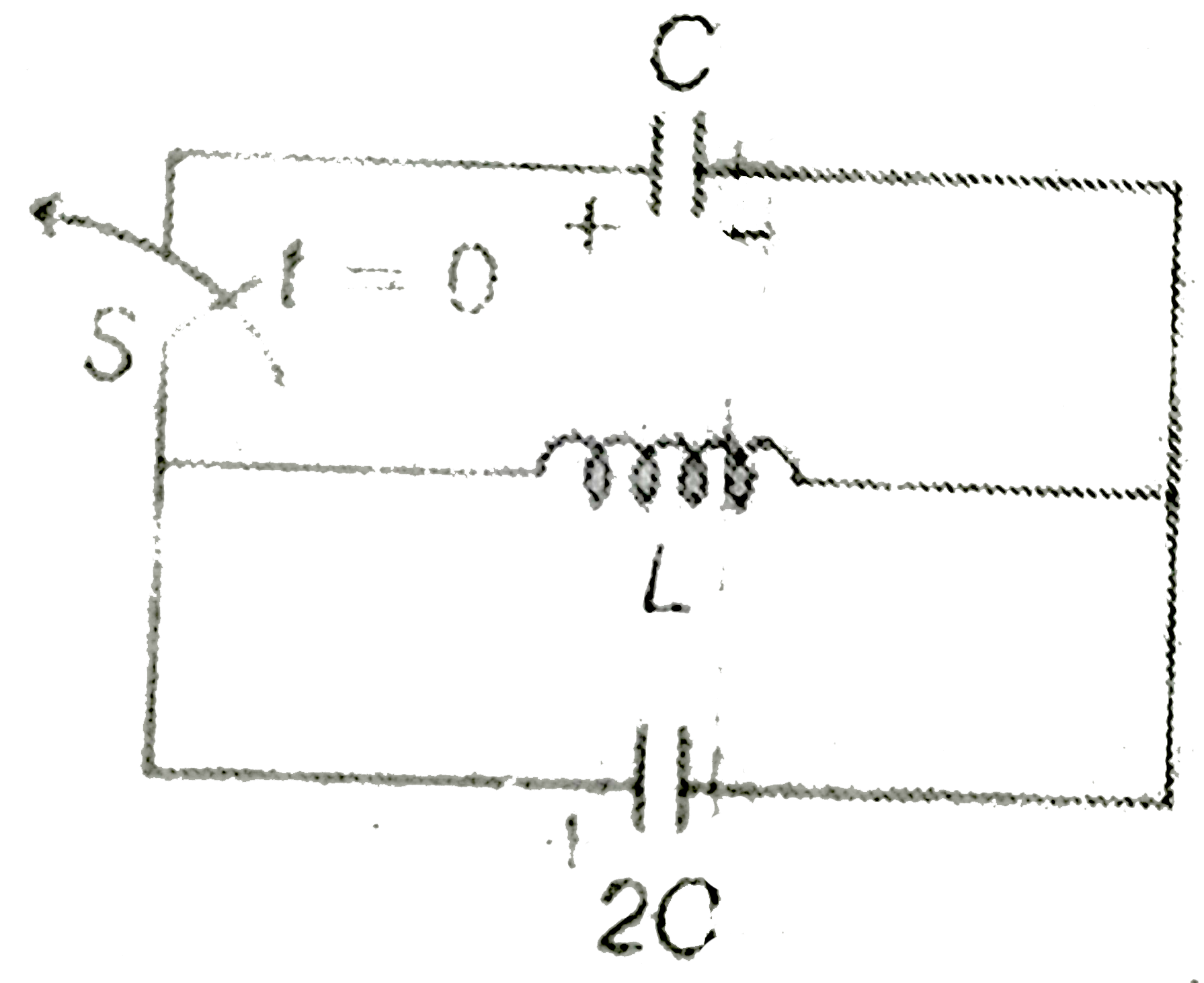 In the given LC circuit,if initially capacitor C has charge Q on it and 2C has charge 2Q. The polar ar as shown in figure. Then after closing switch S and t=0