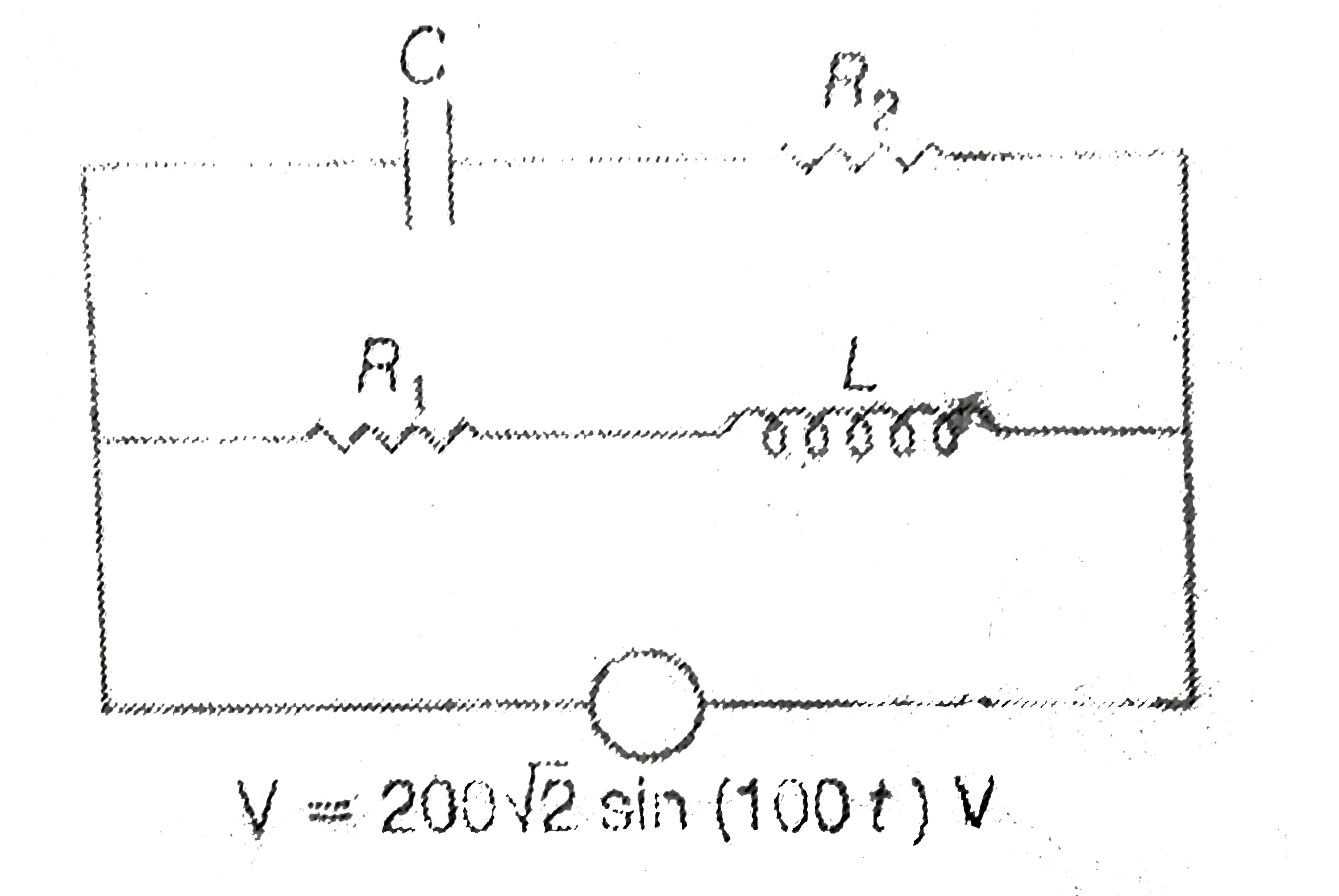 In the circuit shown in figure: R(1)=10Omega, L+(sqrt3)/(10)H, R(2)=20Omega and C-(sqrt3)/(2)mF. Current in L-R(1)