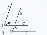 दी हुई आकृति में , दो कोणों की भुजाये समांतर हैं।  यदि angle ABC = 70^@ , तो angle DGC ज्ञात कीजिये।  1
