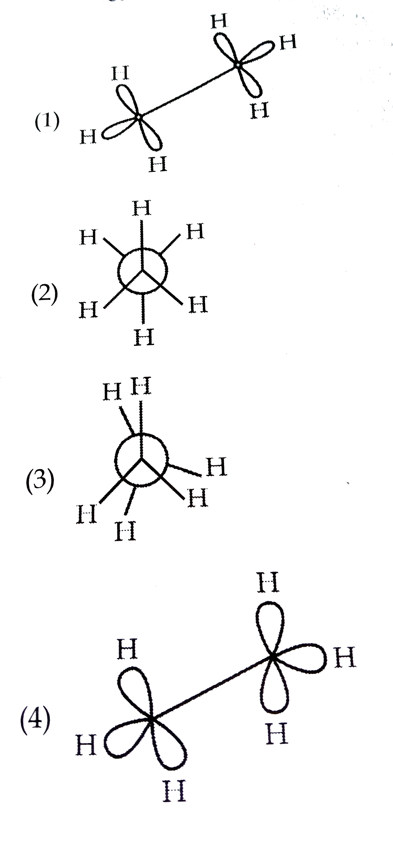 In the following structures which two forms are staggered conformation of ethane?