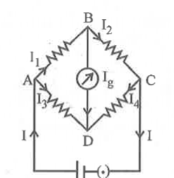 A bridge circuit is shown in the diagram. A student wrote the following expressions for currents at the points A, B, C and D by using Kirchhoff's first law. Point out the wrong equation.