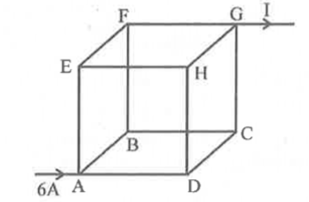 12 identical wires, each of resistance R are joined to form a cube as shown in the figure. A current of 6 Amperes enters the cube at A. If the wire HG is removed, then the current I leaving the network at G is