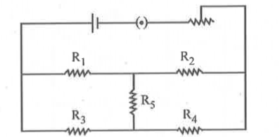 5 resistances R(1), R(2),R(3),R(4),R(5) are joined as shown in the figure.      The values of R(1), R(2), R(3) and R(4) are so adjusted that the current in the circuit does not change for any value of the resistance R(5). This is possible for the following relation