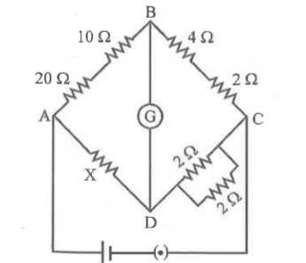 In the given circuit, the galvanometer will not show any deflection if the value of the resistance X is