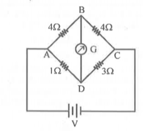 In the following circuit, a conducing wire is connected between the terminals B and D, the current in the wire will