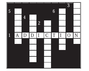 Solve the following cross-word    1. Continuous consumption of alcoholic and tobacco-materials.    2. This app may cause the cyber crimes.    3. A remedy to resolve stress.    4. Requirement for stress free life.    5. Various factors affect -- -- -- health.    6. Art of preparing food items.