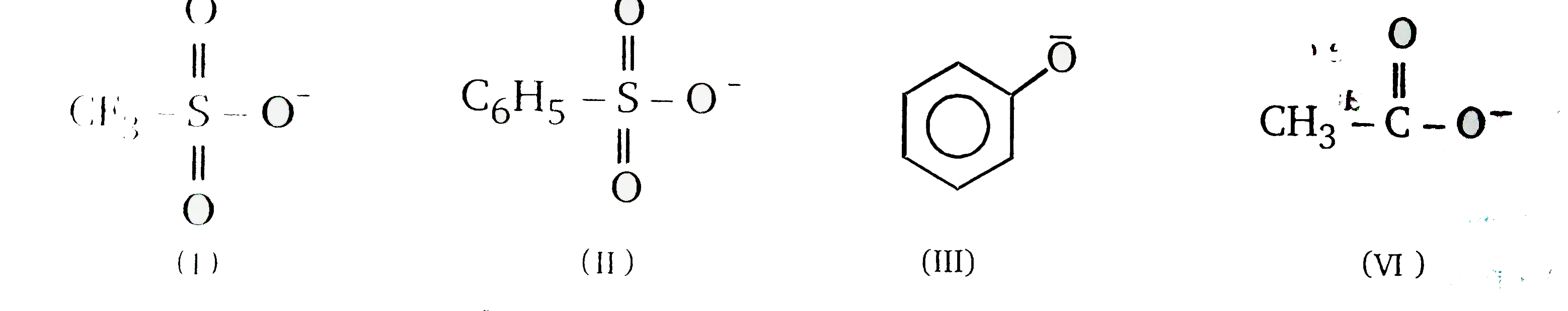 Consider the following anions.     When attached to sp^(3) -hybridized  carbon , their leaving group ability in nucleophlic substittion reaction decreases in the order :