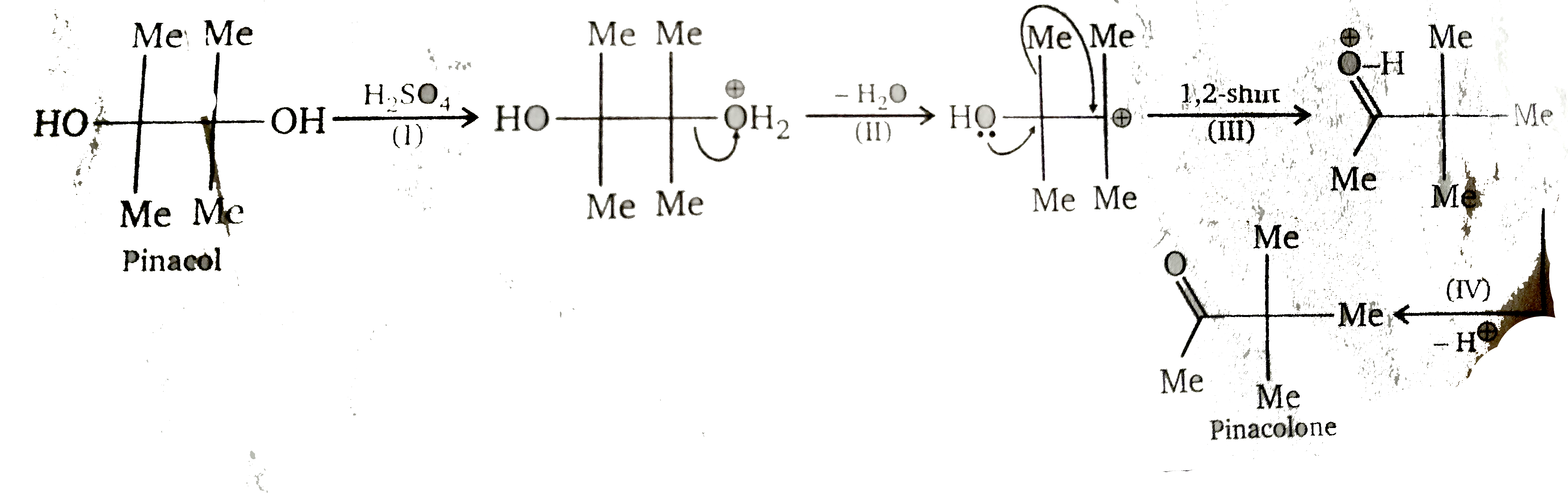 Di-tert-glycols rearrange in the presence of acid to give alpha-trtiary ketones. The trivial name of the simplest glycol of this type is pinacol, and this type of reaction therefore is named pinacol rearrangement (in this specific case, the reaction is called a pinacol-pinacolone rearrangement). The rearrangement involves 4 steps. one of the hydroxyl group is protonated in the first step. A molecule of water is eliminated in the second step and a tertiary carbocation is formed. the carbocation rearranges in the third step into a more stable carboxonium ion via a [1, 2] rearrangement. In the last step, the carboxonium ion is deprotonated and the product ketone is obtained.         How many products obtained in above reaction ?