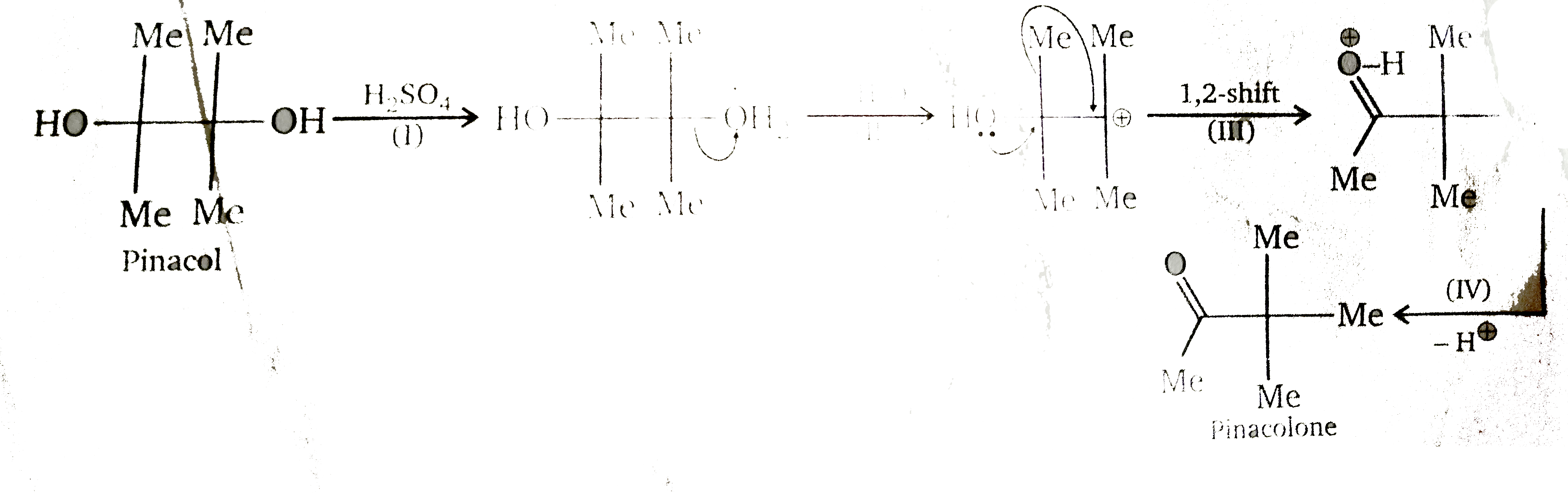 Di-tert-glycols rearrange in the presence of acid to give alpha-trtiary ketones. The trivial name of the simplest glycol of this type is pinacol, and this type of reaction therefore is named pinacol rearrangement (in this specific case, the reaction is called a pinacol-pinacolone rearrangement). The rearrangement involves 4 steps. one of the hydroxyl group is protonated in the first step. A molecule of water is eliminated in the second step and a tertiary carbocation is formed. the carbocation rearranges in the third step into a more stable carboxonium ion via a [1, 2] rearrangement. In the last step, the carboxonium ion is deprotonated and the product ketone is obtained.         Product (A) is :