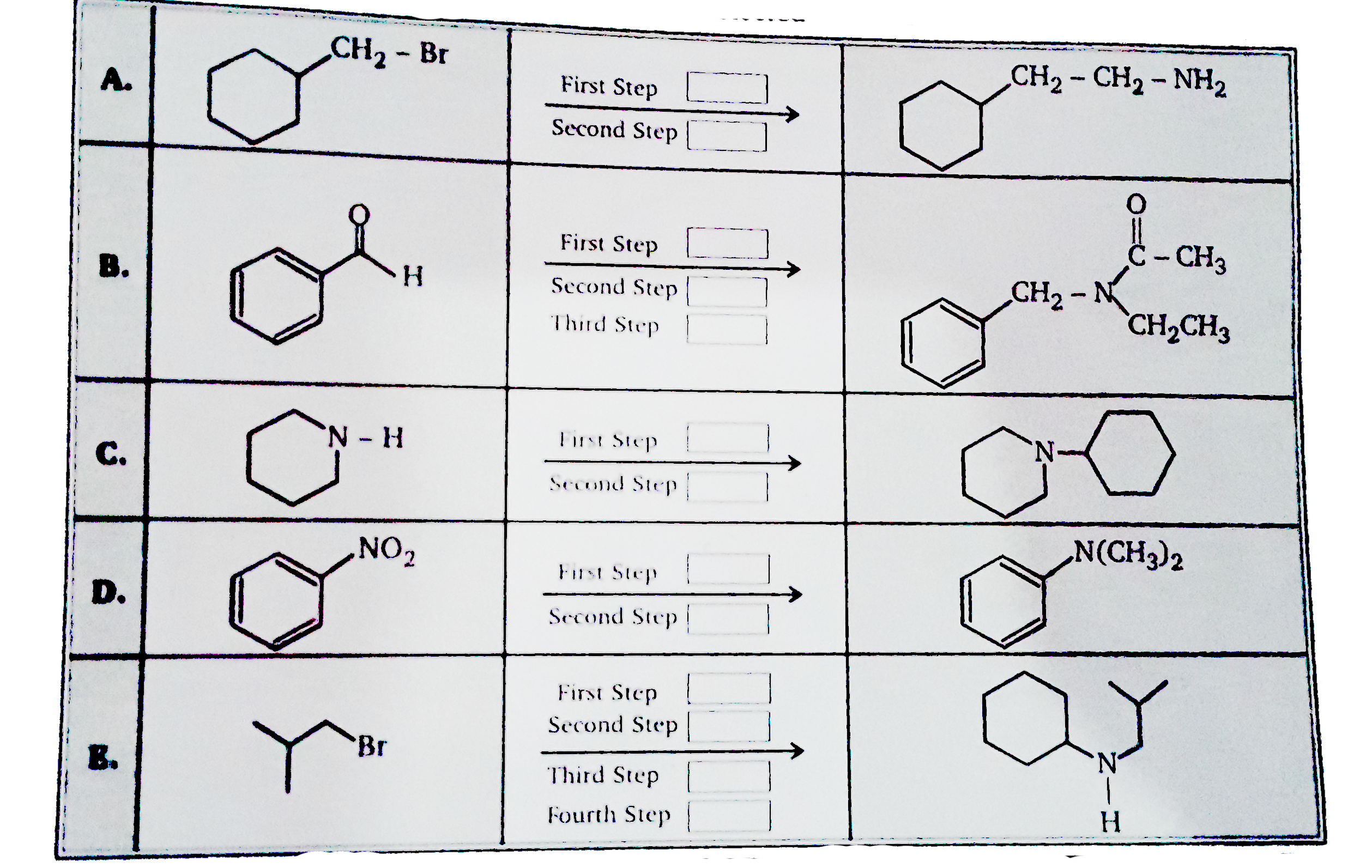 Five amine synthesis are outlined below. In each reactions box enter a single letter designating the best reagent and conditions selected from the list at the bottom of the page.      a) i) LiAlH(4) in ether, ii) H(2)O & base   b) C(2)H(5)NH(2)(cat. H^(+))   c) NaCN in alcohol   d) H(2) & Ni catalyst or H(2) & Pd catalyst   e) NaN(3) in alcohol   f) (CH(3)CO)(2) & pyridine   g) C(2)H(5)Br   h)    (i) 2CH(3)I & pyridine   j) KOH in H(2)O