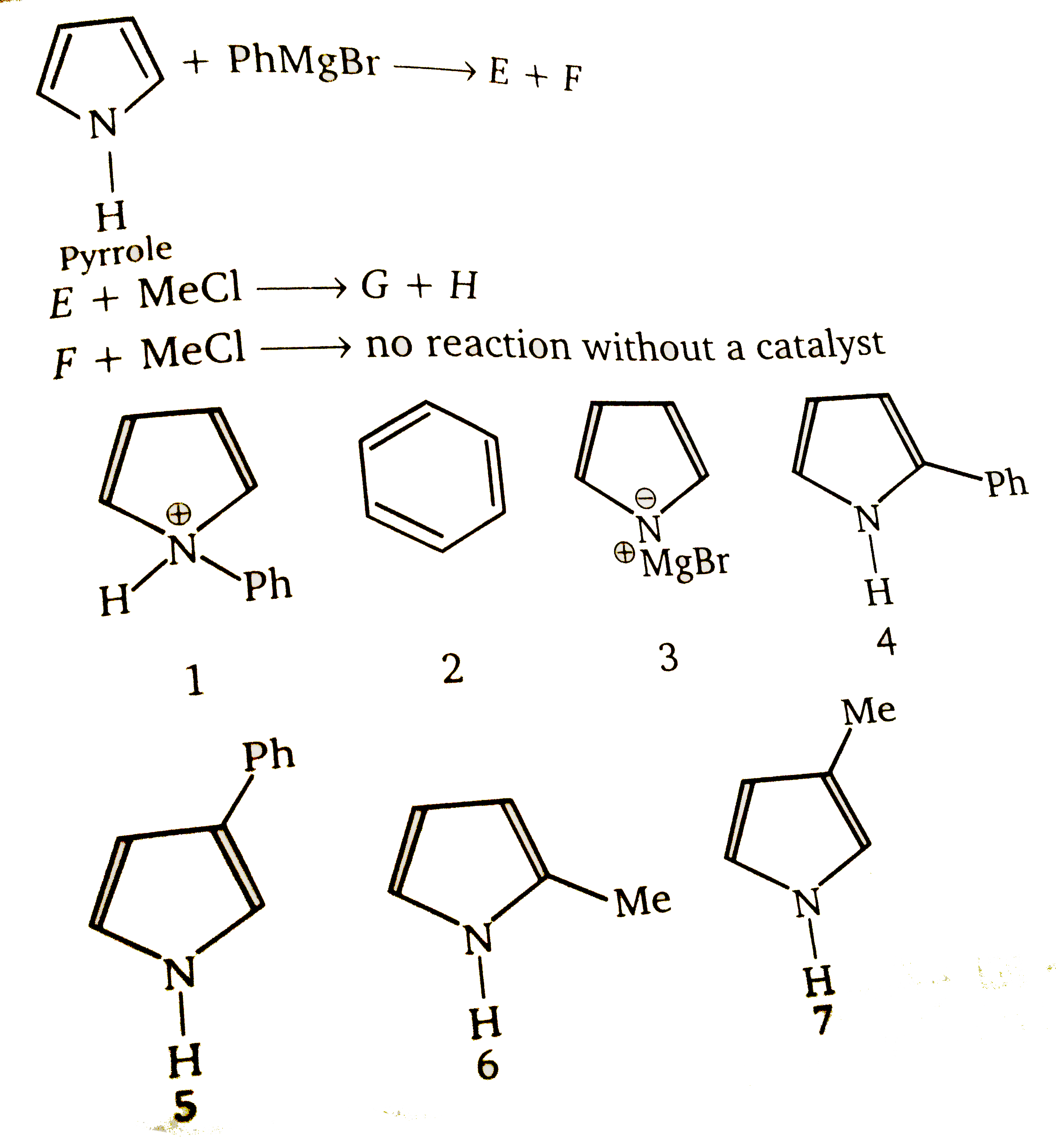 E + MeCl rarr G + H   F + MeCl rarr no reaction without a catalyst      The structure of products E - H, respectively are