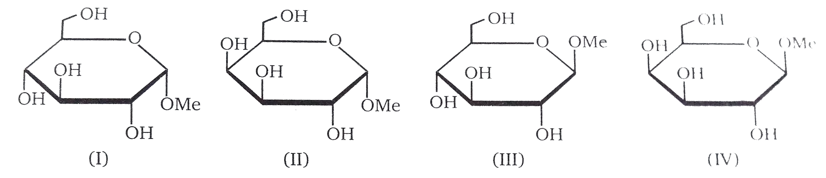 Identify the correct set of stereochemical relationships amongest the following monosaccharides I-IV.