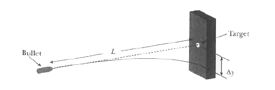 A bullet is aimed at a target on the wall a distance L away from the firing position. Because of gravity, the bullet strikes the wall a distance Deltay below the mark as suggested in the figure. The drawing is not to scale.   If the distance L was half as large and the bullet had the same initial velocity, how would Deltay be affected?