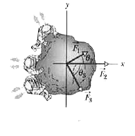 Three astronauts, propelled by jet backpacks, push and guide a 120 kg asteroid toward a processing dock, exerting the forces shown in Fig. 5-37, with F(1)=32N,F(2)=55N,F(3)=41N, theta(1)=30^(@), and theta(3)=60^(@). What is the asteroid's acceleration (a) in unit-vector notation and as (b) a magnitude and (c) a direction relation relative to the positive direction of the x axis ?