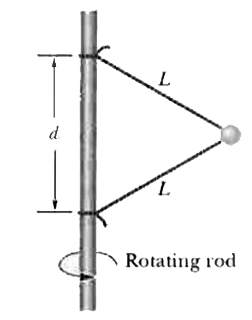 In fig 1.34 kg ball is connected by means of two mass less strings, each of length L=1.70m, to a vertical, rotating rod. The strings are tied to the rod  with separation d=1.70 m and are taut. The tenion in the upper string is 35N. What are the (a) tension in the lower string, (b) magnitude of the net (b) magnitude of the net force vecF(