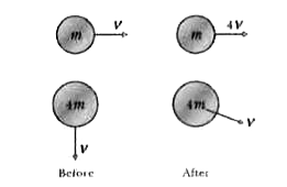 A force vecF acts on two particles of masses m and 4.0m moving at the same speed but at right angles to each other, as shown in Fig. The force acts on both the particles for a time T. Consequently, the particle of mass m moves with a velocity 4v in its original direction. (a) Find the new velocity v' of the other particle. (b) Also find the change in the kinetic energy of the system.