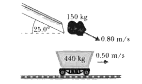 A mine car (mass = 440 kg) rolls at a speed of 0.50 m/s on a horizontal track, as the drawing shows. A 150 kg chunk of coal has a speed of 0.80 m/s when it leaves the chute. Determine the velocity of the car/coal system after the coal has come to rest in the car.