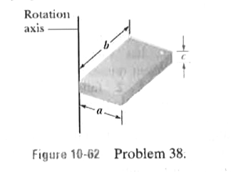 The uniform solid block in Fig. 10-62 has mass 0.172 kg and edge lengths a = 3.5 cm, b = 8.4 cm, and c = 1.4 cm. Calculate its rotational inertia about an axis through one corner and perpendicular to the large faces.