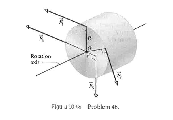 In Fig. 10-65, a cylinder having a mass of 3.0 kg can rotate about its central axis through point O. Forces are applied as shown: F(1)=6.0N,F(2)=4.0N,F(3)=2.0NandF(4)=5.0N. Also, r = 5.0 cm and R = 12 cm. Find the (a) magnitude and (b) direction of the angular acceleration of the cylinder. (During the rotation, the forces maintain their same angles relative to the cylinder.)