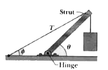 The system in Fig. is in equilibrium. A concrete block of mass 300 kg hangs from the end of the uniform strut of mass 45.0 kg. A cable runs from the ground, over the top of the strut, and down to the block, holding the block in place. For angles phi = 30.0^(@) and theta= 45.0^(@), find (a) the ten sion T in the cable and the (b) magnitude and (c) angle (relative to the horizontal) of the force on the strut from the hinge.
