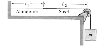 In Fig. 16-43, an aluminum wire, of length L1= 60.0 cm, cross-sectional area 1.25 xx 10^(-2)cm^(2) and density 2.60