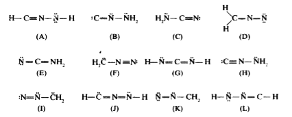 The following Lewis/Kelule  structures (A) - (L) are isomeric (with molecular formula CN(2)H(2) )      Which of these structures match the following properties ? Indicate with letters (A) to (L) . If no structure fits the property write the letter X.  Which of the structures have at least one nitrogen atom with a (+) formal charge ?