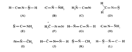 The following Lewis/Kelule  structures (A) - (L) are isomeric (with molecular formula CN(2)H(2) )      Which of these structures match the following properties ? Indicate with letters (A) to (L) . If no structure fits the property write the letter X.  Which of the structures have at least one nitrogen atom with a (-) formal charge ?