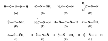 The following Lewis/Kelule  structures (A) - (L) are isomeric (with molecular formula CN(2)H(2) )      Which of these structures match the following properties ? Indicate with letters (A) to (L) . If no structure fits the property write the letter X.  Which of the structures have at least one carbon atom with a (-) formal charge ?