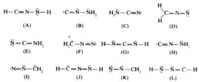 The following Lewis/Kelule  structures (A) - (L) are isomeric (with molecular formula CN(2)H(2) )      Which of these structures match the following properties ? Indicate with letters (A) to (L) . If no structure fits the property write the letter X.  Which of the structures have electron deficient heavy atoms (N or C) ?