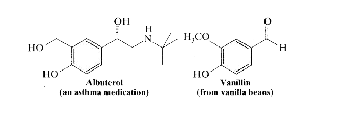 Albuterol (used in some commonly prescribed respiratory medications) and vanillin (from vanilla beans) each contain several functional groups. Name the functional groups in albuterol and vanillin and, if appropriate for a given group. classify them as primary (1^(@)), secondary (2^(@)), or tertiary (3^(@)).