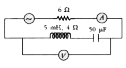 In the circuit shown in the figure, the a.c. source gives a voltage V=20 cos (2000t). Neglecting source resistance, the voltmeter and ammeter reading will be