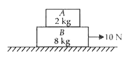 Block  A of mass 2 kg is placed over block B of mass  8 kg .The combination is placed over a rough horizonatal surface .Cofficient of friction between B and the floor is 0.5 .Coefficient of friction berween A and B is 0.4 .A horizontal force of 10 N is applied on block B .The force of friction between A and B is    (g=10 ms^(-2))