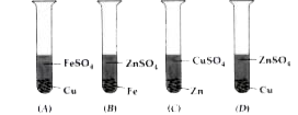 In the following four test tubes, some metals are in contact with certain salt solutions. After the experiment, in which of the test tubes does the solution becomes colourless and a powdery red mass is deposited at the bottom of the test tube ?