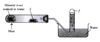 The given apparatus shows the reaction of steam with heated solid 'X'.       The equation for the reaction is    Steam  + solid 'X' to Solid 'Y' + Gas 'Z'   X, Y and Z are respectively