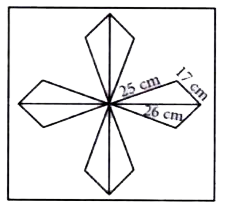 A design is madeon a rectangular tile as shown in the given figure. The design has eight triangles, each of the side 25 cm, 17 cm and 26 cm. Find the total cost of making the design at the rate of